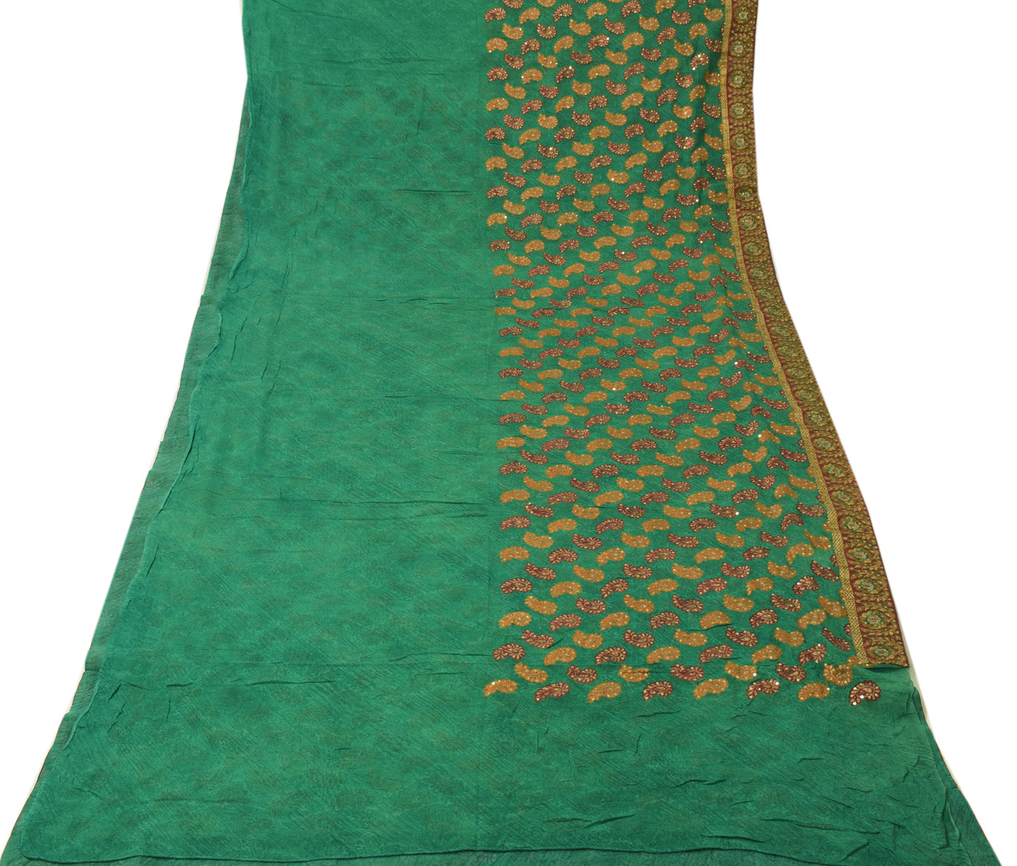 Sushila Vintage Green HEAVY Saree Maroon Border Pure Georgette Embroidered Sari Craft Fabric