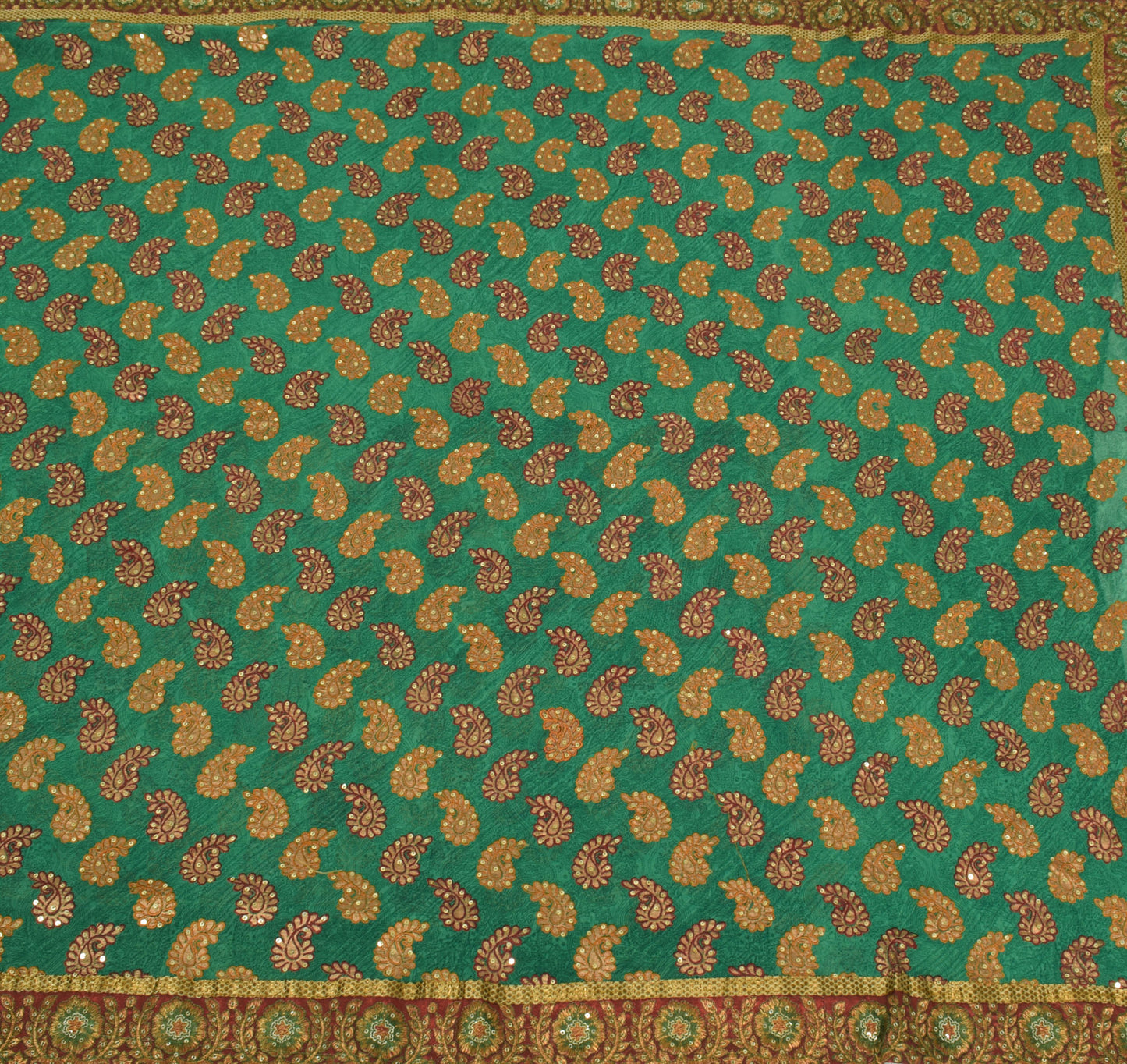 Sushila Vintage Green HEAVY Saree Maroon Border Pure Georgette Embroidered Sari Craft Fabric