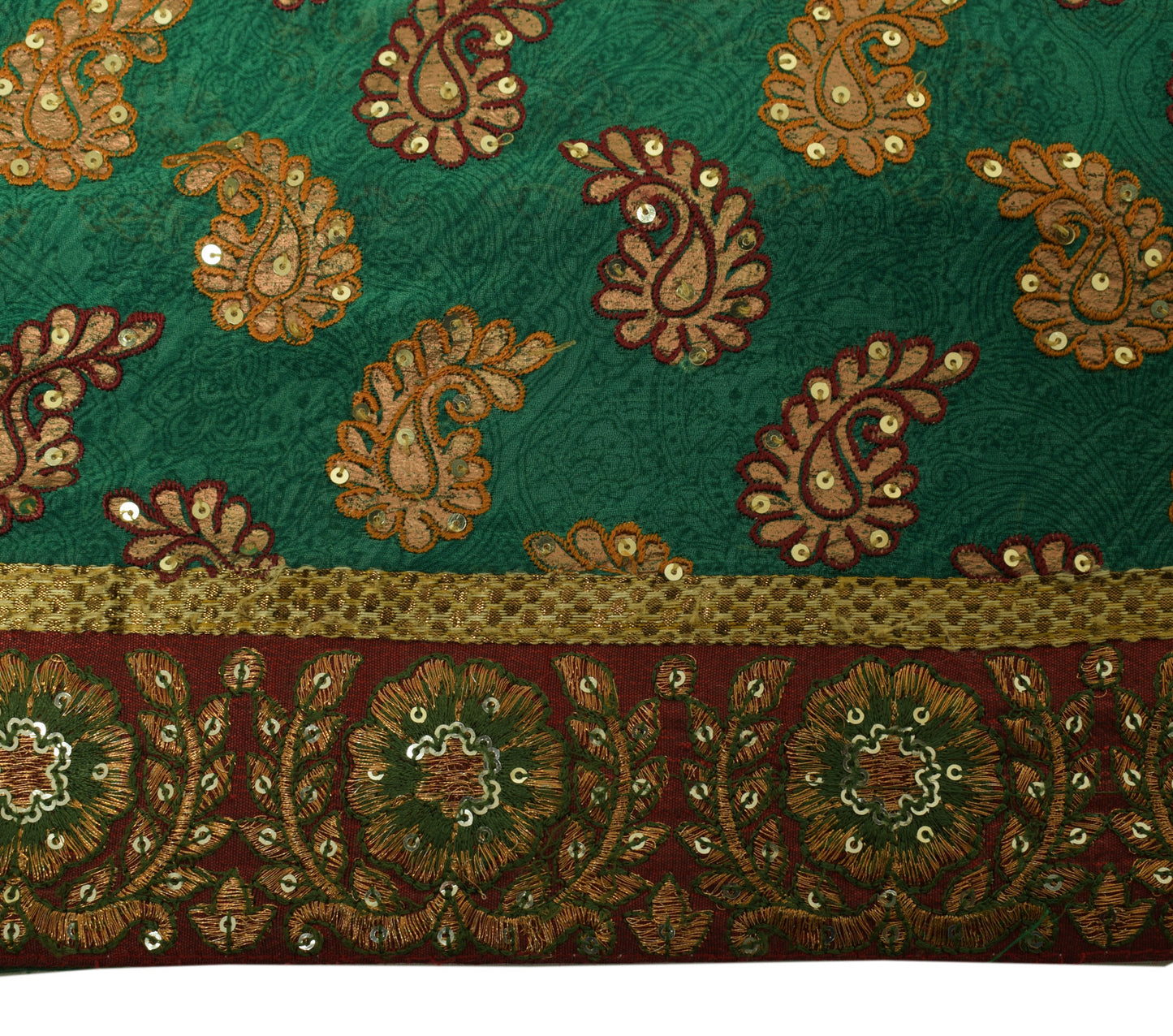 Sushila Vintage Green HEAVY Saree Maroon Border Pure Georgette Embroidered Sari Craft Fabric