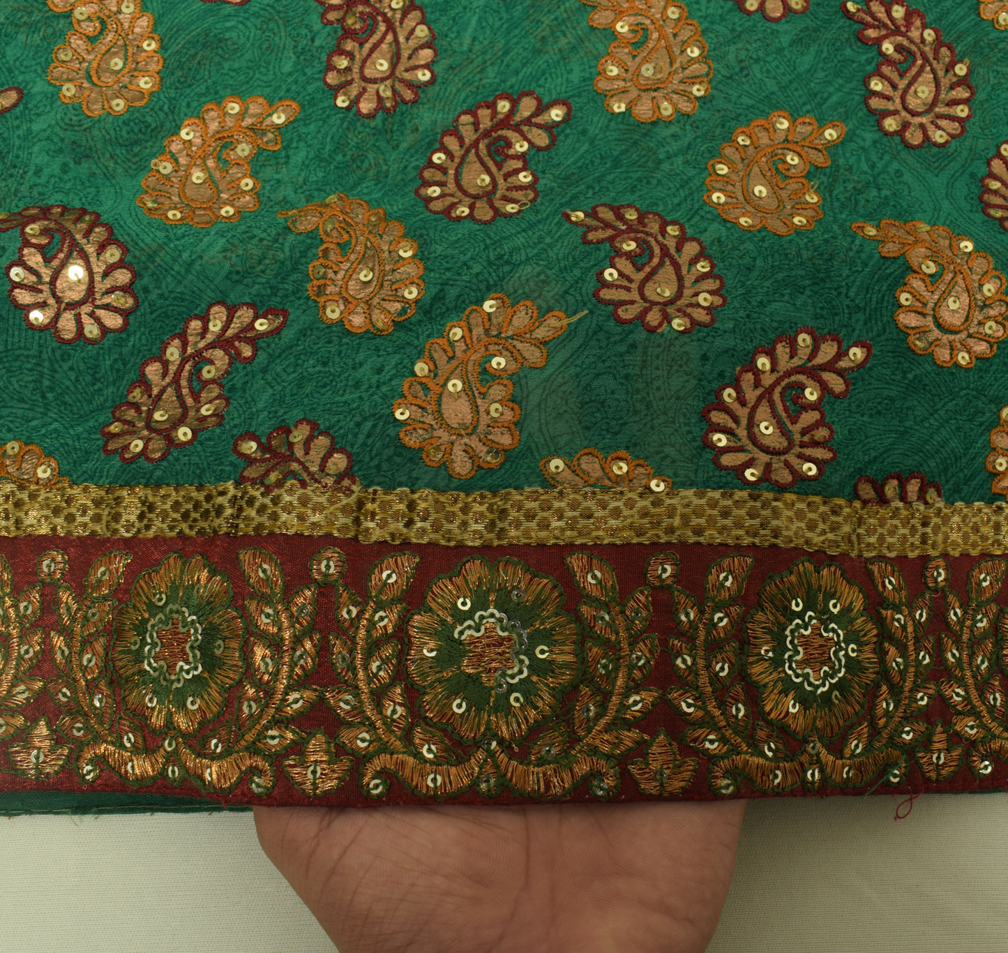 Sushila Vintage Green HEAVY Saree Maroon Border Pure Georgette Embroidered Sari Craft Fabric