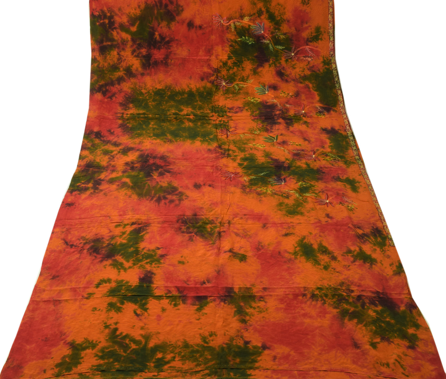 Sushila Vintage Rust Tie-Dye Saree 100% Pure Crepe Silk Embroidered Sari Fabric