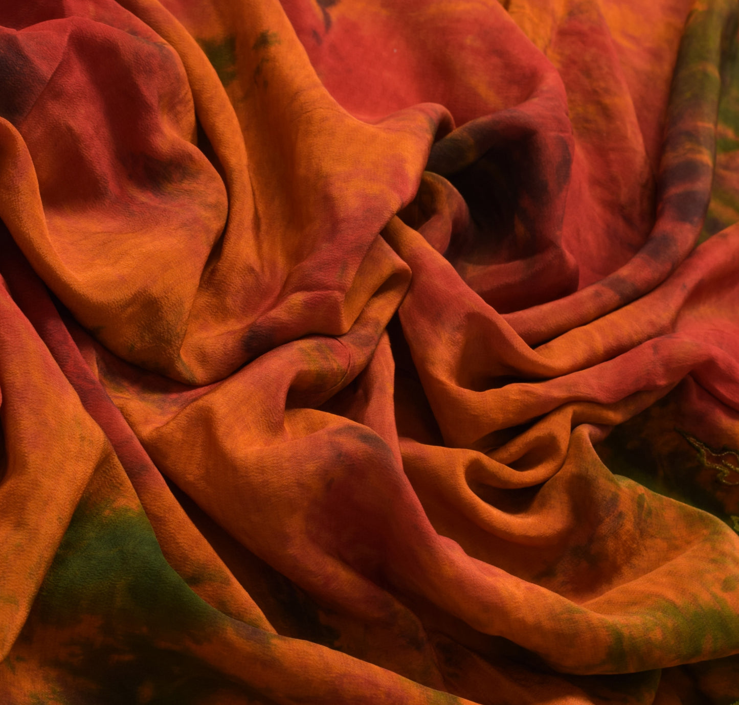 Sushila Vintage Rust Tie-Dye Saree 100% Pure Crepe Silk Embroidered Sari Fabric