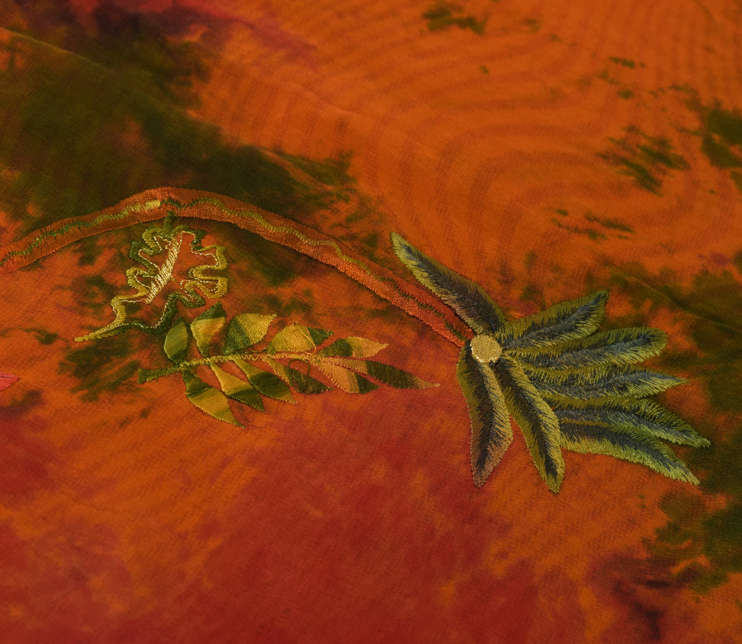 Sushila Vintage Rust Tie-Dye Saree 100% Pure Crepe Silk Embroidered Sari Fabric