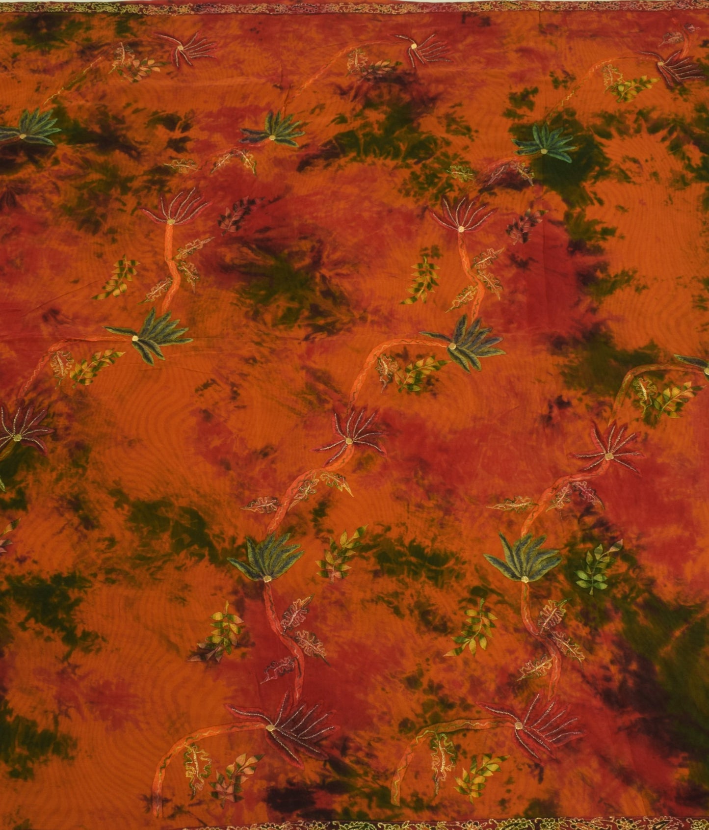 Sushila Vintage Rust Tie-Dye Saree 100% Pure Crepe Silk Embroidered Sari Fabric