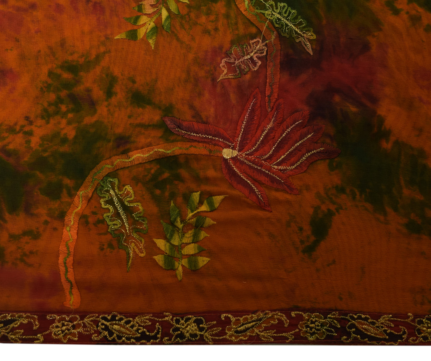 Sushila Vintage Rust Tie-Dye Saree 100% Pure Crepe Silk Embroidered Sari Fabric