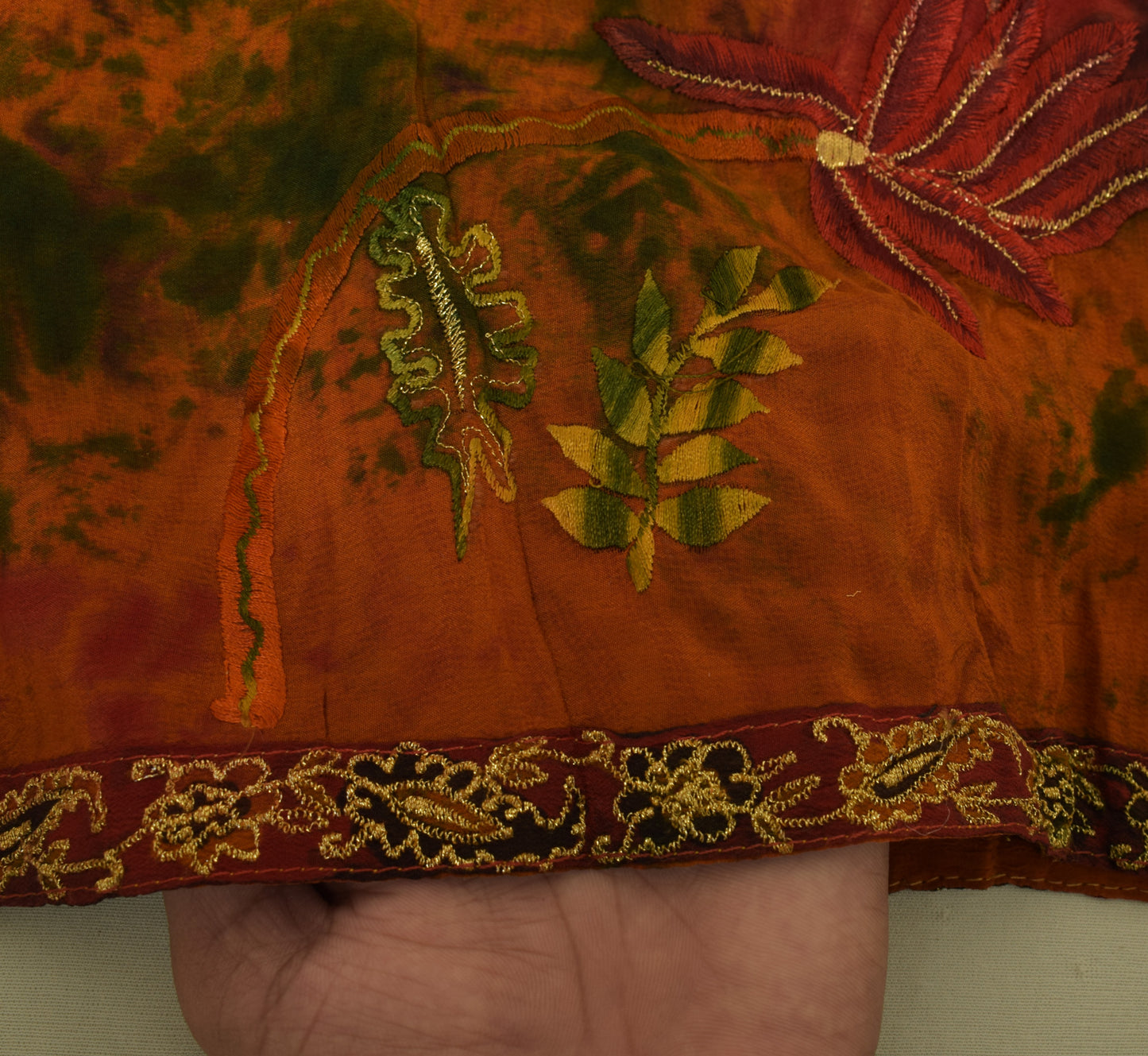 Sushila Vintage Rust Tie-Dye Saree 100% Pure Crepe Silk Embroidered Sari Fabric