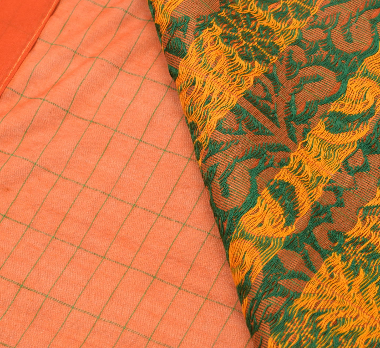 Sushila Vintage Orange Saree 100% Pure Cotton Woven Floral Sari Craft Fabric