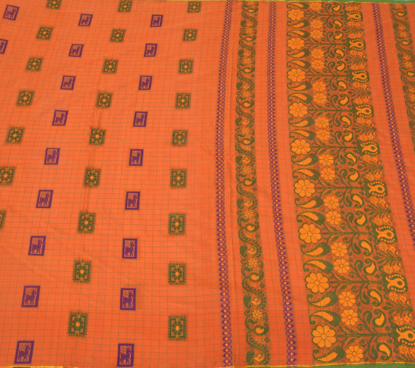 Sushila Vintage Orange Saree 100% Pure Cotton Woven Floral Sari Craft Fabric
