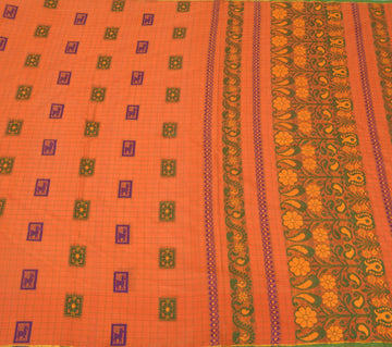 Sushila Vintage Orange Saree 100% Pure Cotton Woven Floral Sari Craft Fabric