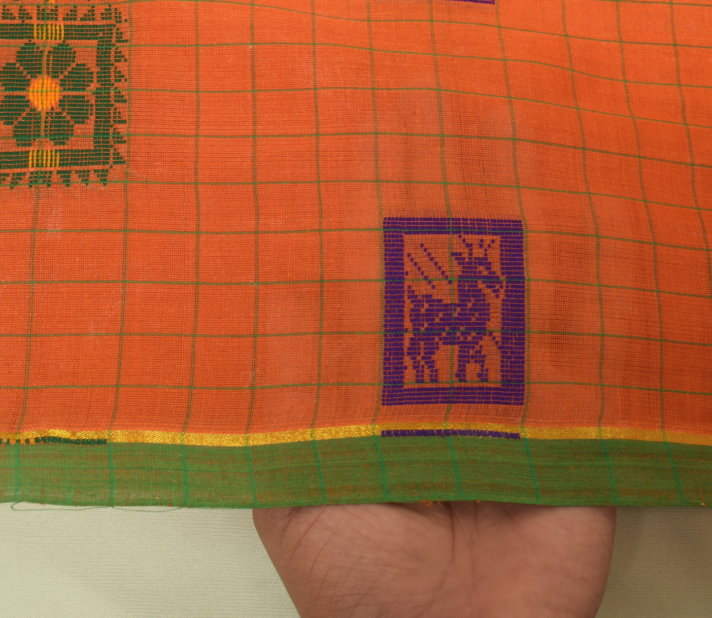 Sushila Vintage Orange Saree 100% Pure Cotton Woven Floral Sari Craft Fabric