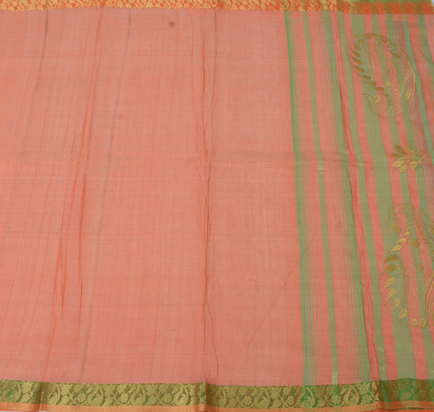 Sushila Vintage Peach Saree Pure Cotton Woven with Green Zari Border Sari Fabric