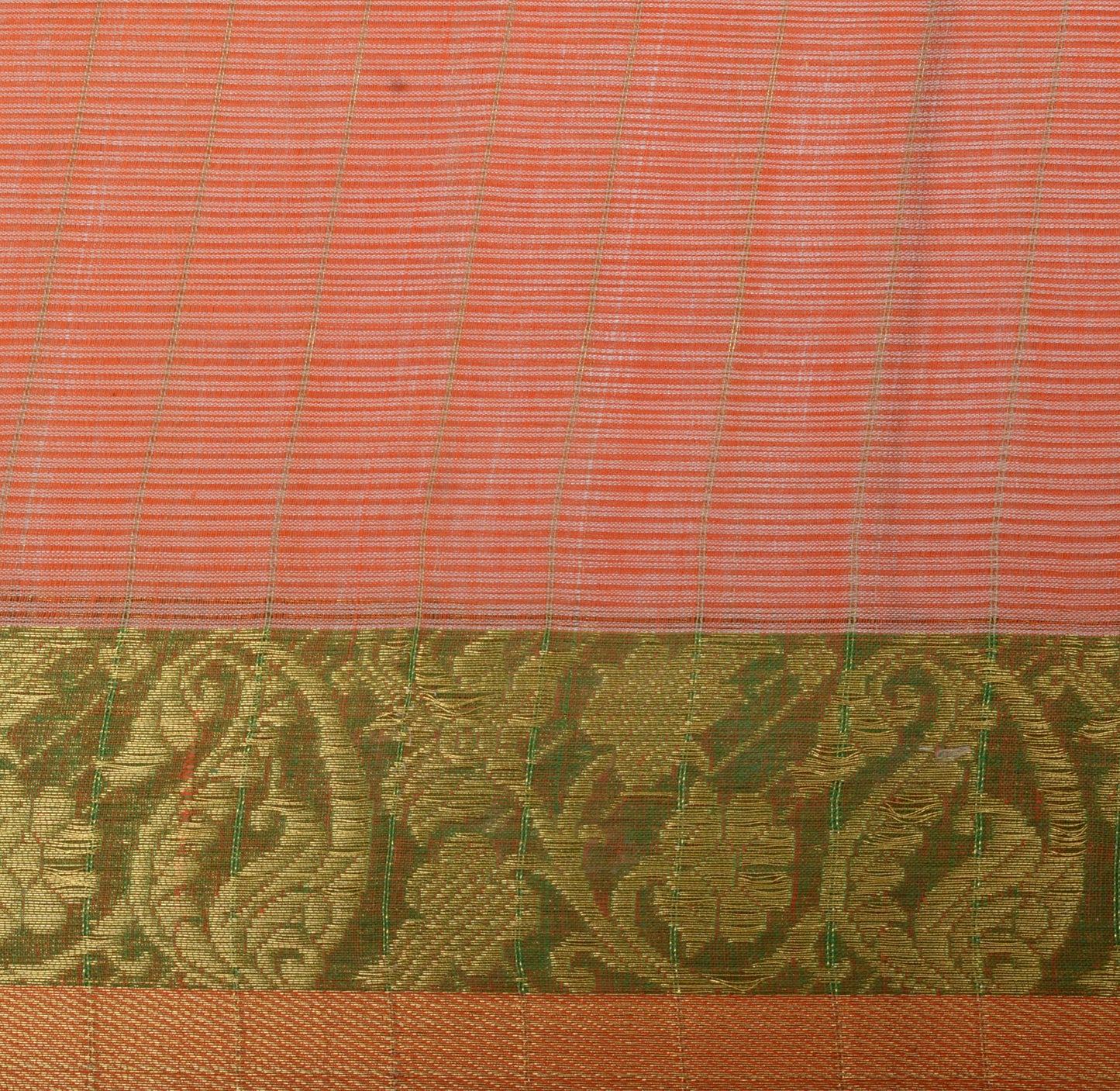 Sushila Vintage Peach Saree Pure Cotton Woven with Green Zari Border Sari Fabric