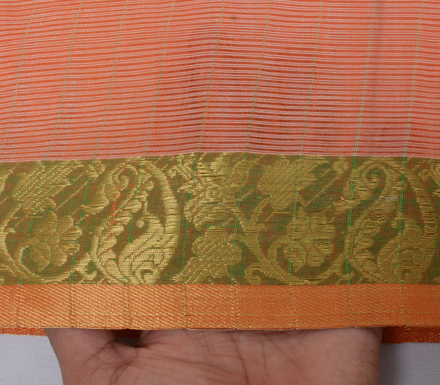 Sushila Vintage Peach Saree Pure Cotton Woven with Green Zari Border Sari Fabric