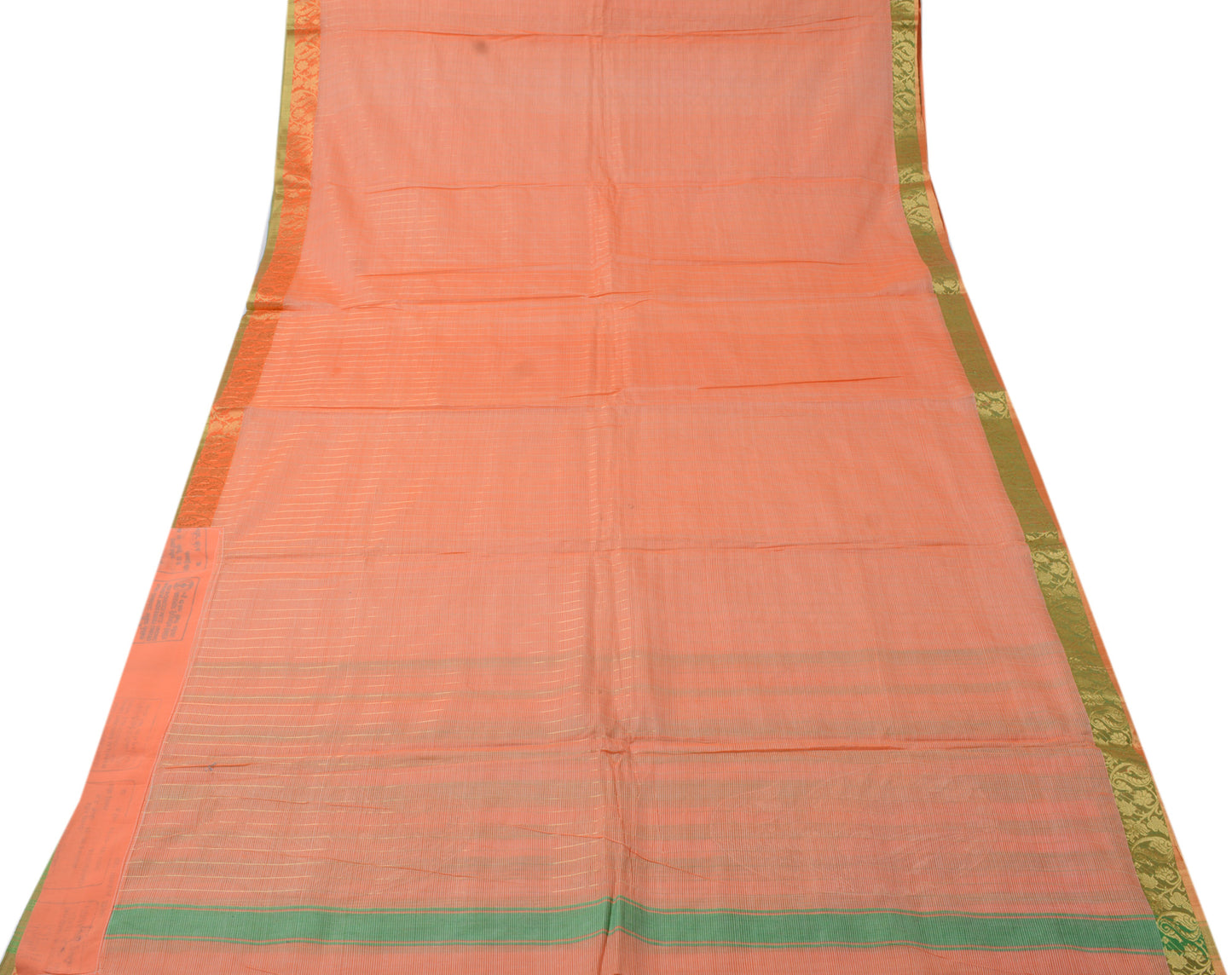 Sushila Vintage Peach Saree Pure Cotton Woven with Green Zari Border Sari Fabric
