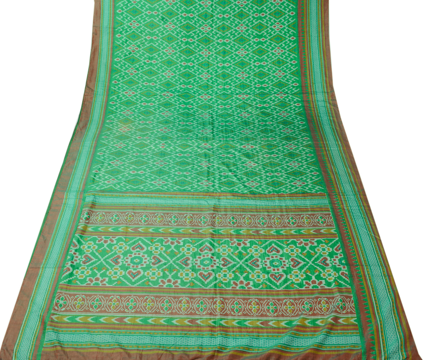Sushila Vintage Green Saree Blend Silk Printed Ikkat Patola Sari Craft Fabric