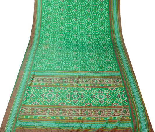 Sushila Vintage Green Saree Blend Silk Printed Ikkat Patola Sari Craft Fabric