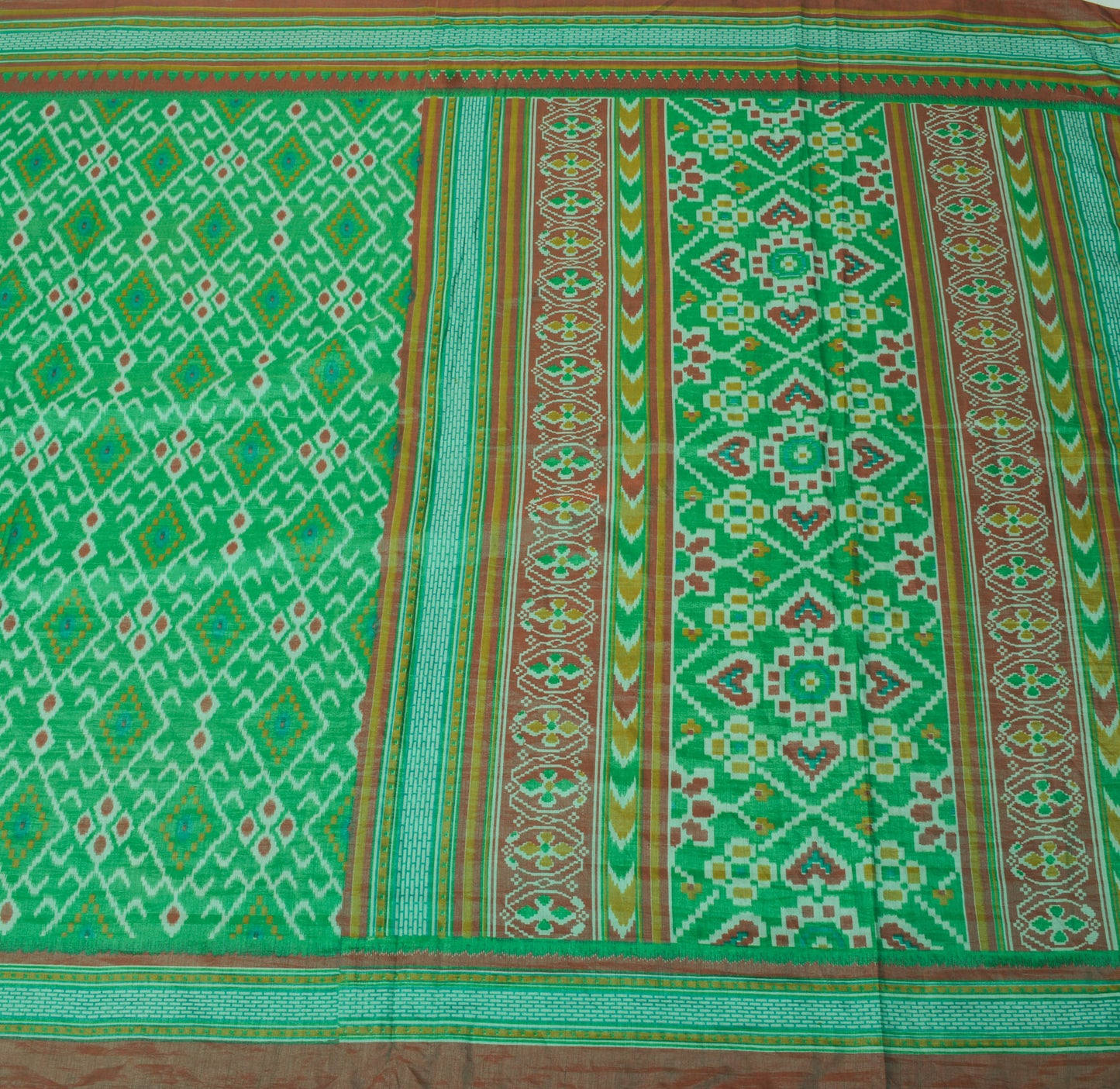 Sushila Vintage Green Saree Blend Silk Printed Ikkat Patola Sari Craft Fabric