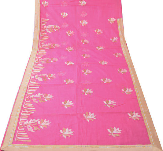 Sushila Vintage Pink Indian Saree Blend Cotton Embroidered Floral Sari Fabric