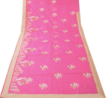 Sushila Vintage Pink Indian Saree Blend Cotton Embroidered Floral Sari Fabric