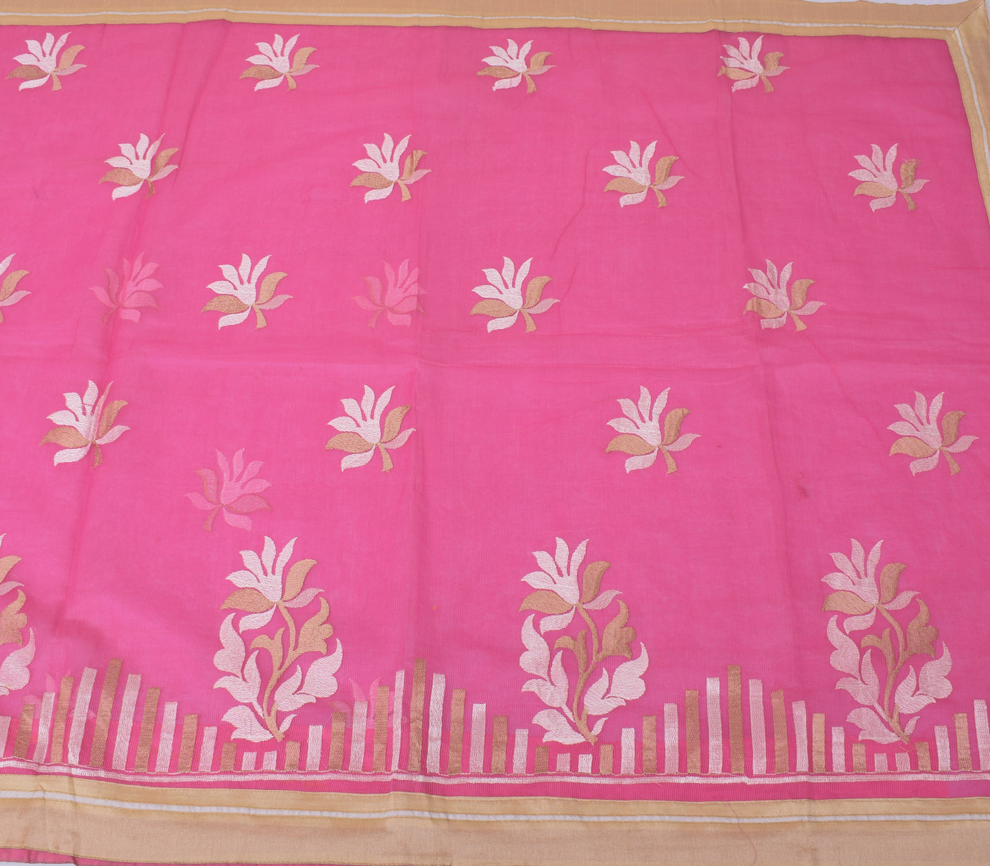 Sushila Vintage Pink Indian Saree Blend Cotton Embroidered Floral Sari Fabric