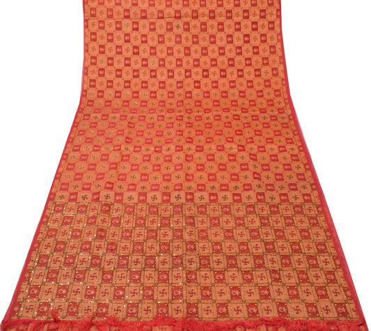 Sushila Vintage Red Saree Art Organza Silk Glass Beads Embellish 5YD Sari Fabric