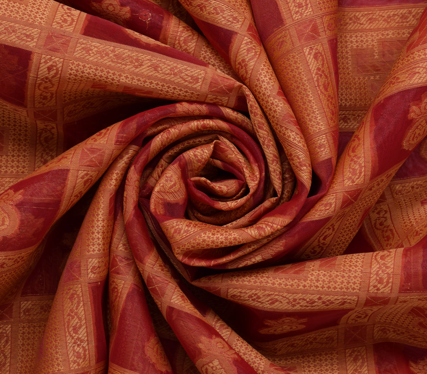 Sushila Vintage Red Saree Art Organza Silk Glass Beads Embellish 5YD Sari Fabric