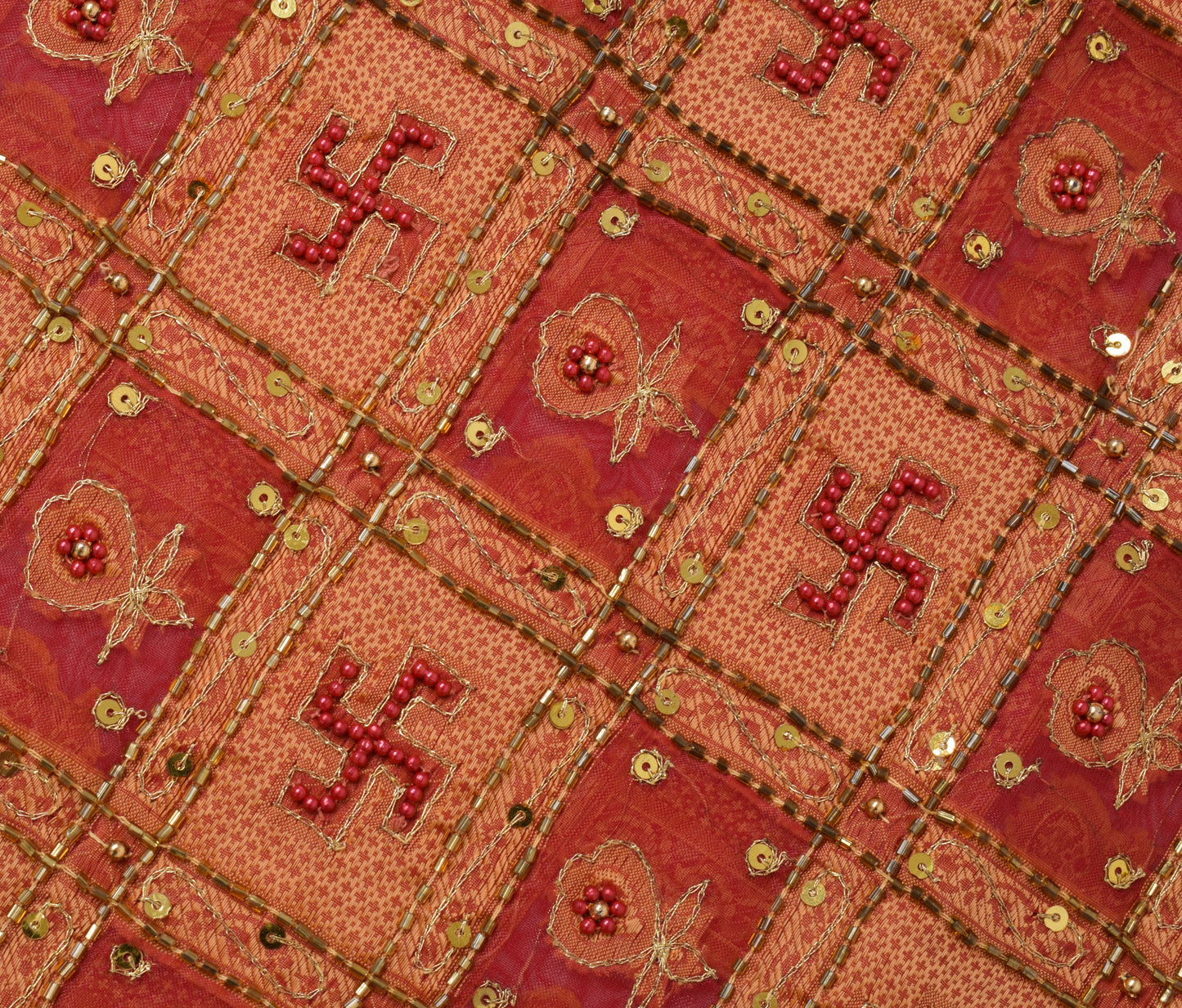Sushila Vintage Red Saree Art Organza Silk Glass Beads Embellish 5YD Sari Fabric