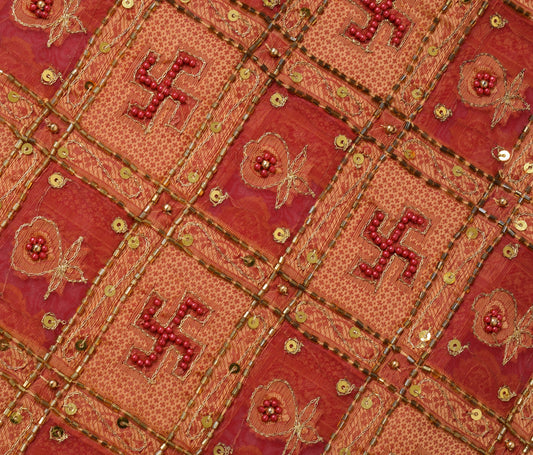 Sushila Vintage Red Saree Art Organza Silk Glass Beads Embellish 5YD Sari Fabric