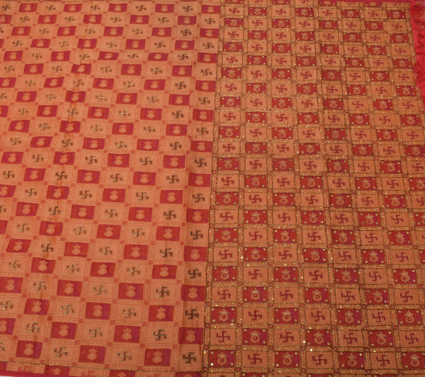 Sushila Vintage Red Saree Art Organza Silk Glass Beads Embellish 5YD Sari Fabric