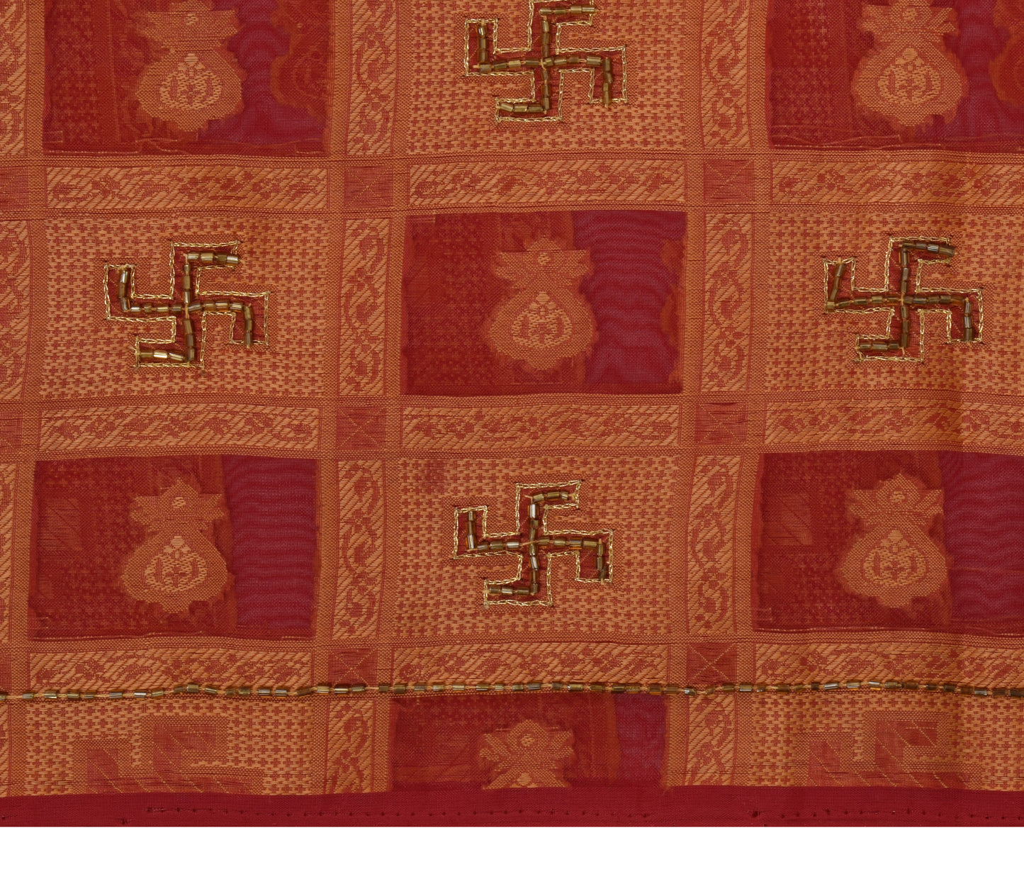 Sushila Vintage Red Saree Art Organza Silk Glass Beads Embellish 5YD Sari Fabric