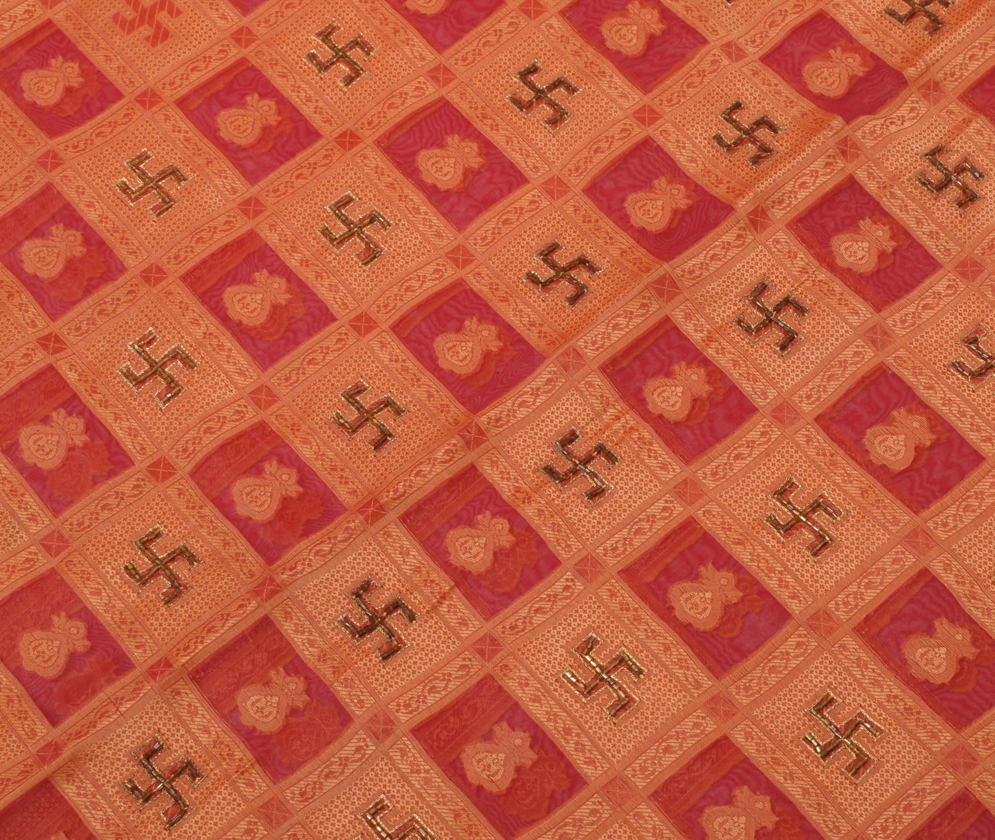 Sushila Vintage Red Saree Art Organza Silk Glass Beads Embellish 5YD Sari Fabric