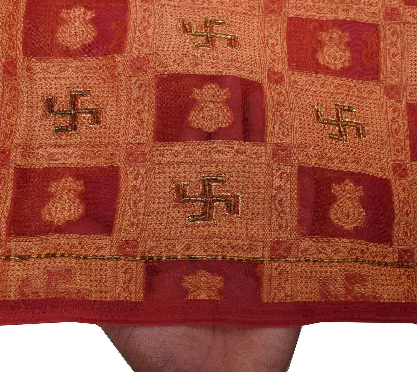 Sushila Vintage Red Saree Art Organza Silk Glass Beads Embellish 5YD Sari Fabric
