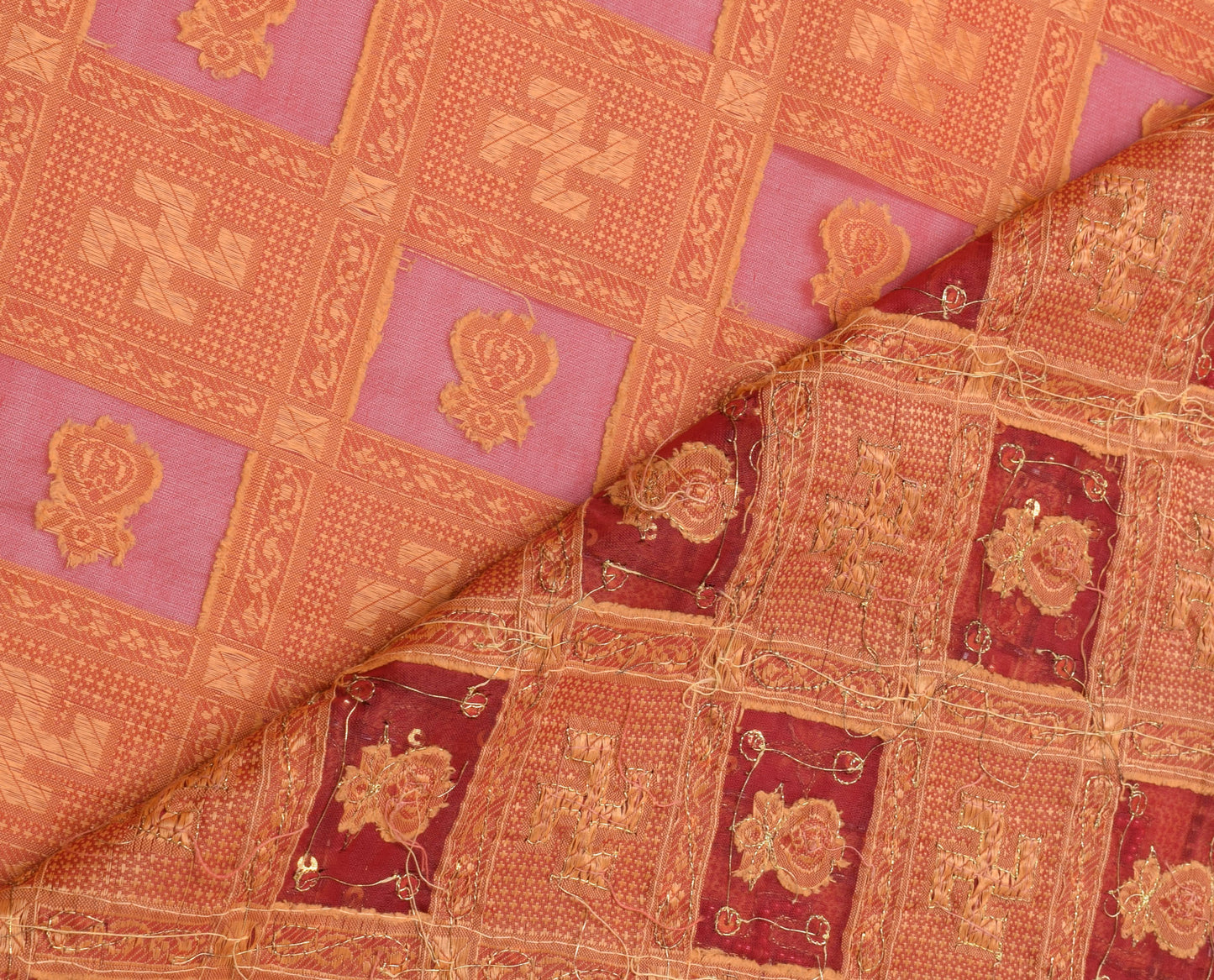 Sushila Vintage Red Saree Art Organza Silk Glass Beads Embellish 5YD Sari Fabric