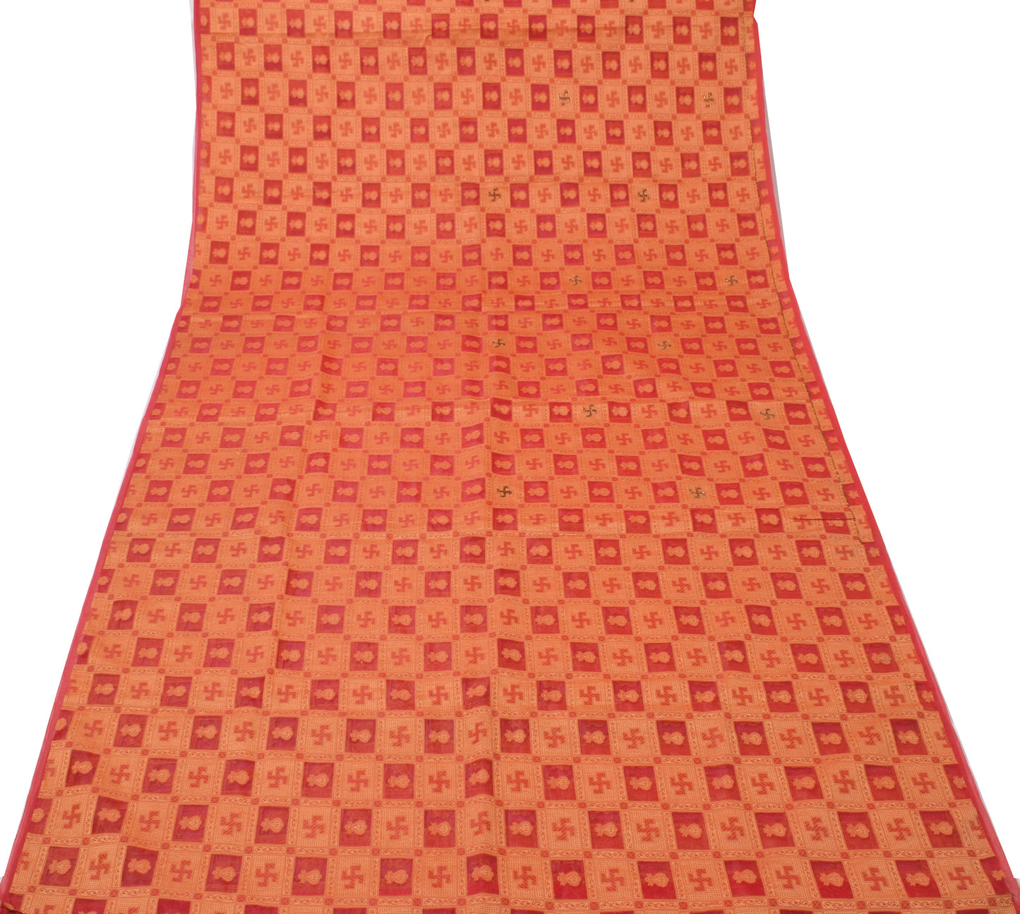 Sushila Vintage Red Saree Art Organza Silk Glass Beads Embellish 5YD Sari Fabric