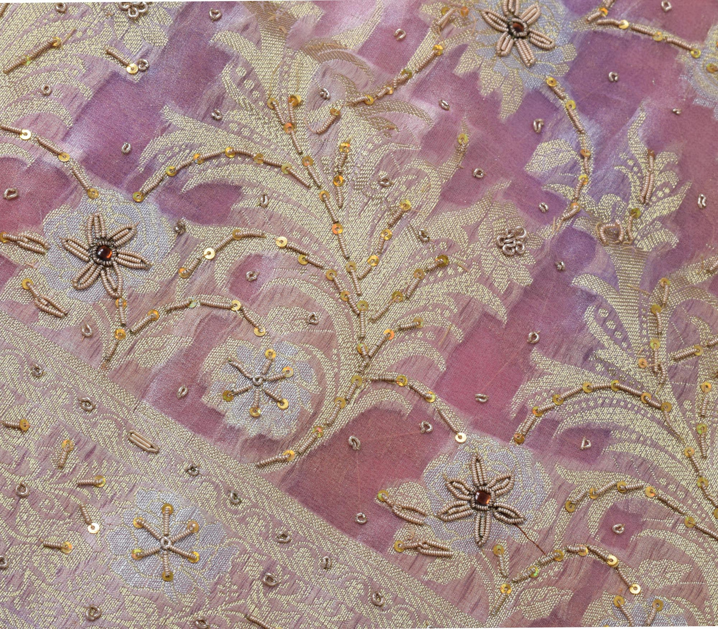 Sushila Vintage HEAVY Saree Art tissue Silk Zari Woven Hand Beaded Sari Fabric