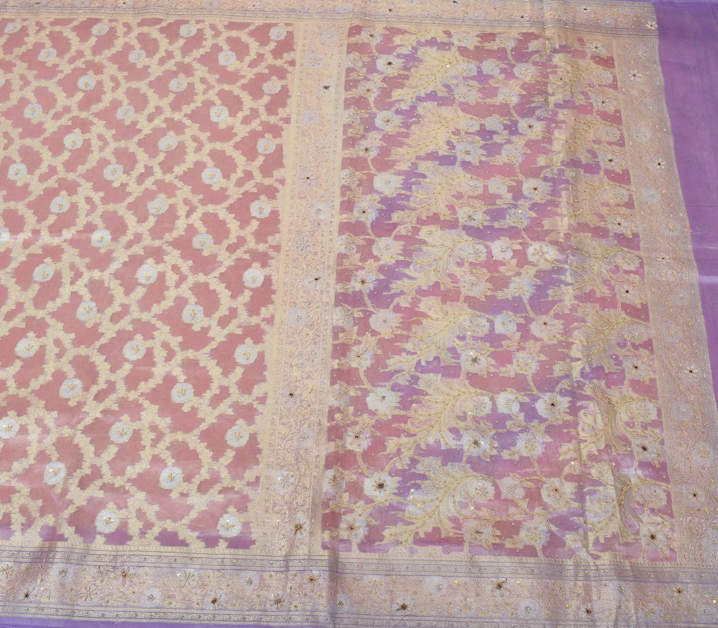 Sushila Vintage HEAVY Saree Art tissue Silk Zari Woven Hand Beaded Sari Fabric