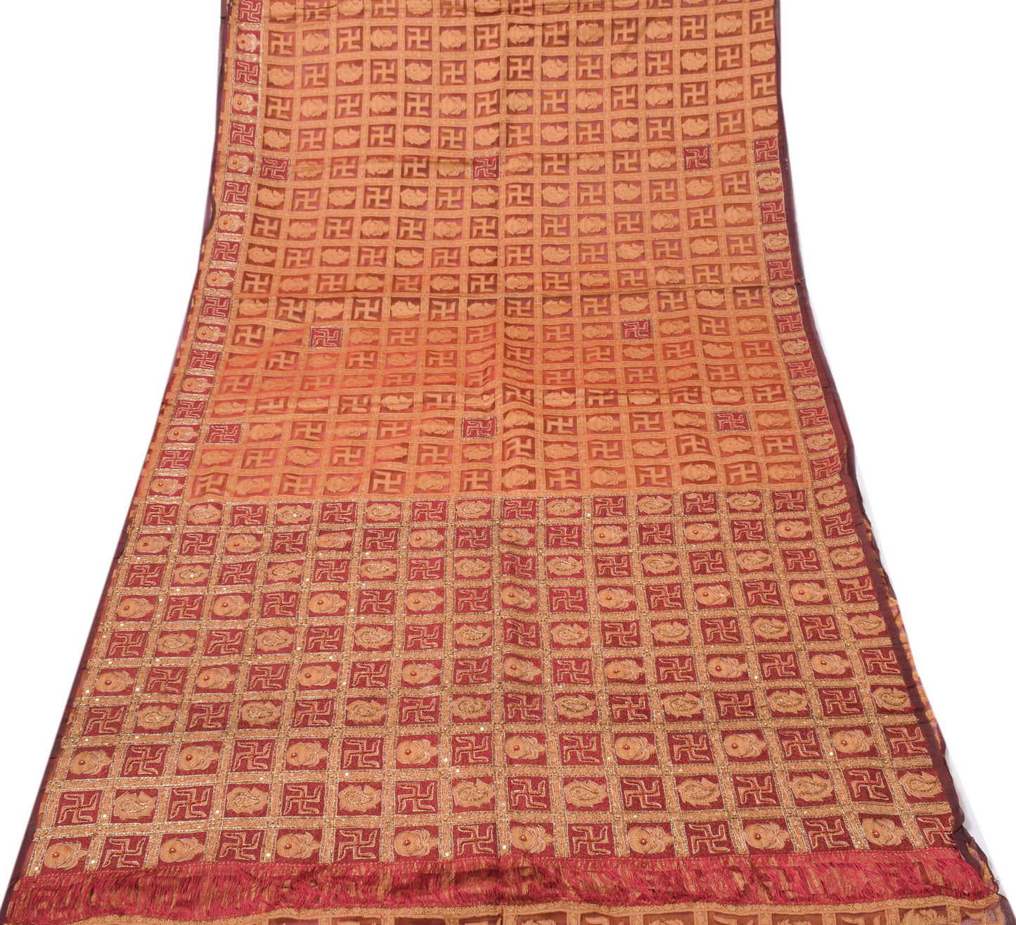 Sushila Vintage Maroon Saree Pure Organza Silk Beaded Embroidered Sari Fabric