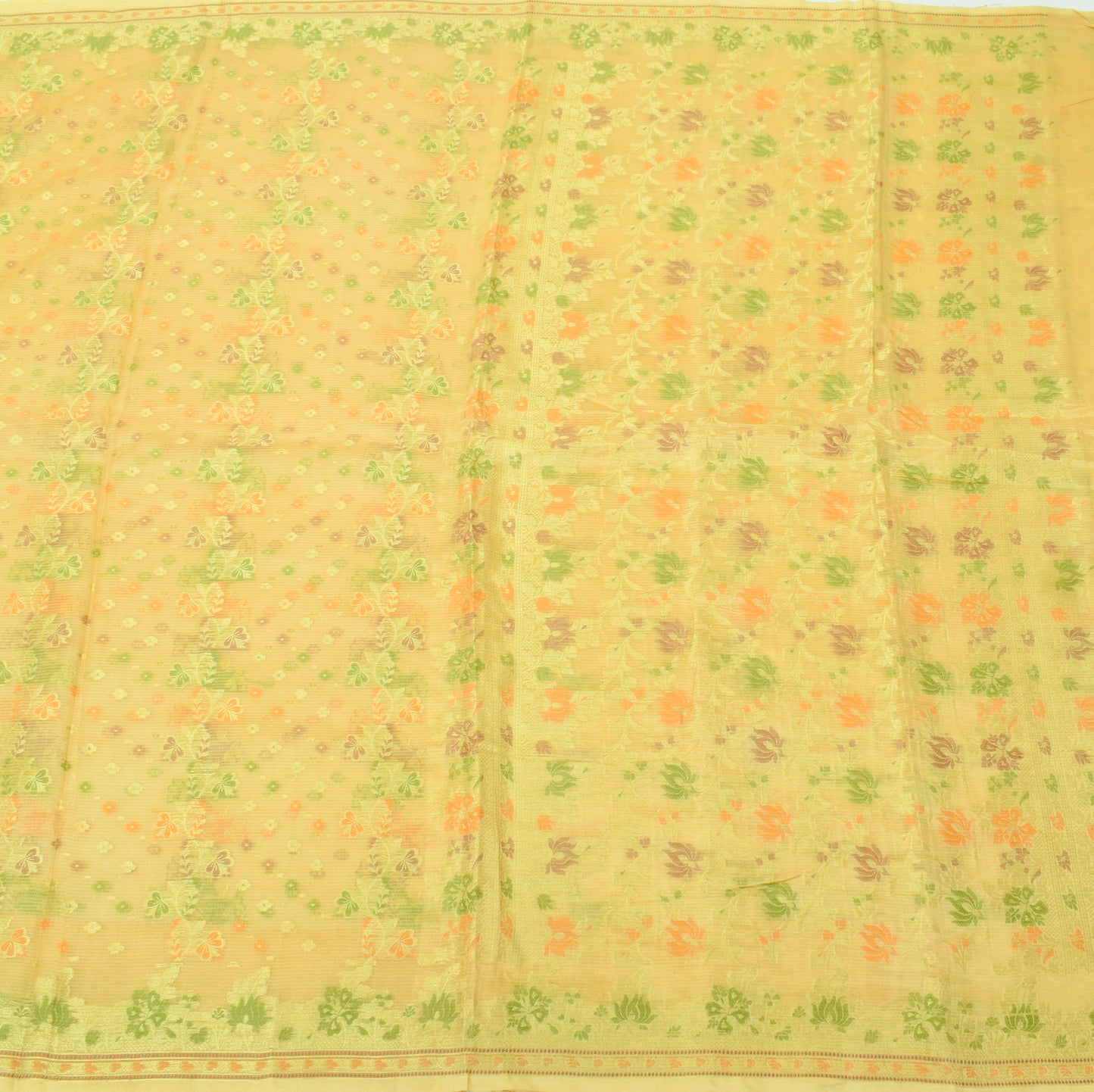 Sushila Vintage Cream Indian Saree Pure Silk Woven Floral Sari 5Y Craft Fabric