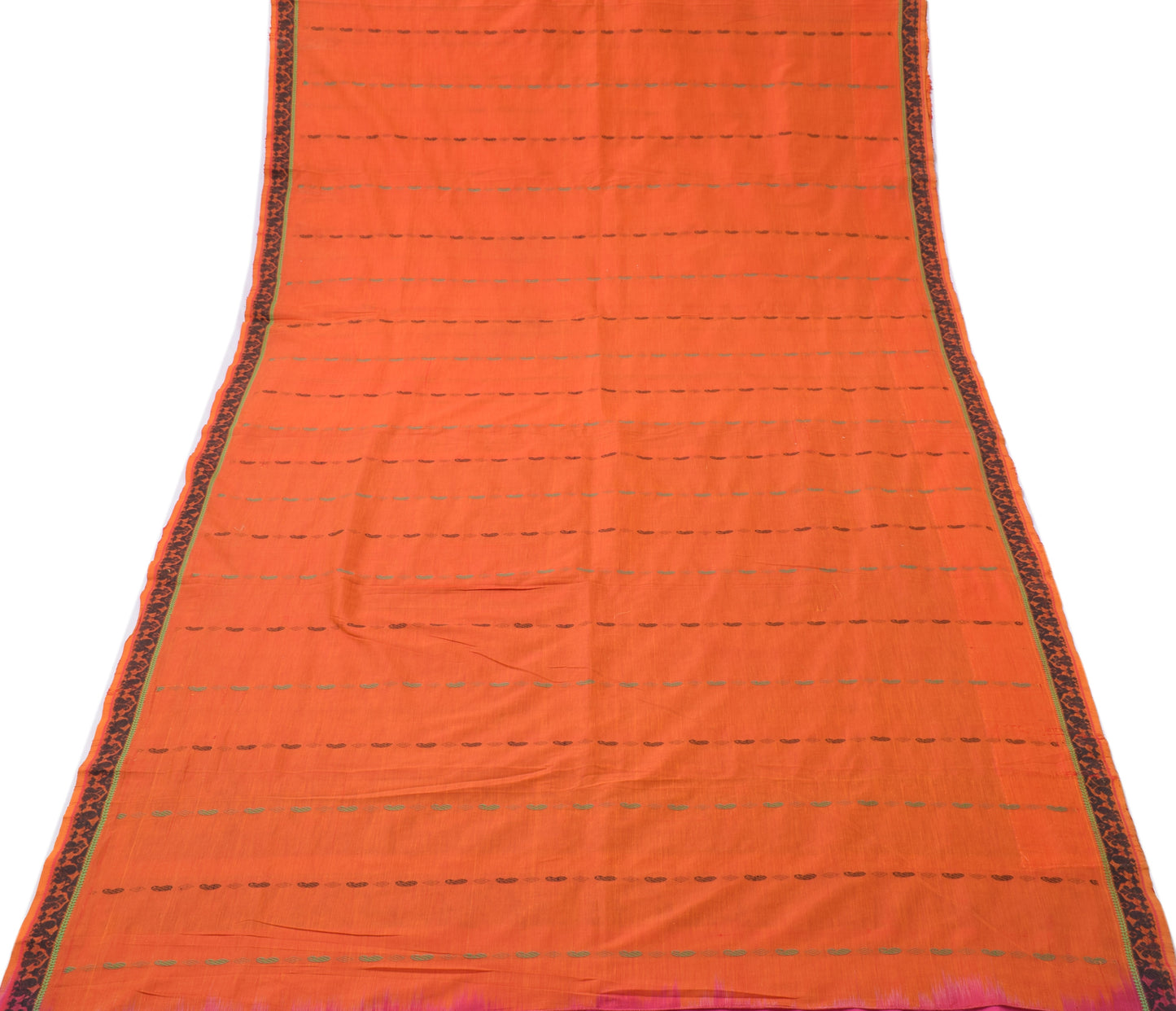Sushila Vintage Orange Indian Saree Pure Cotton Woven Peacock Sari Craft Fabric
