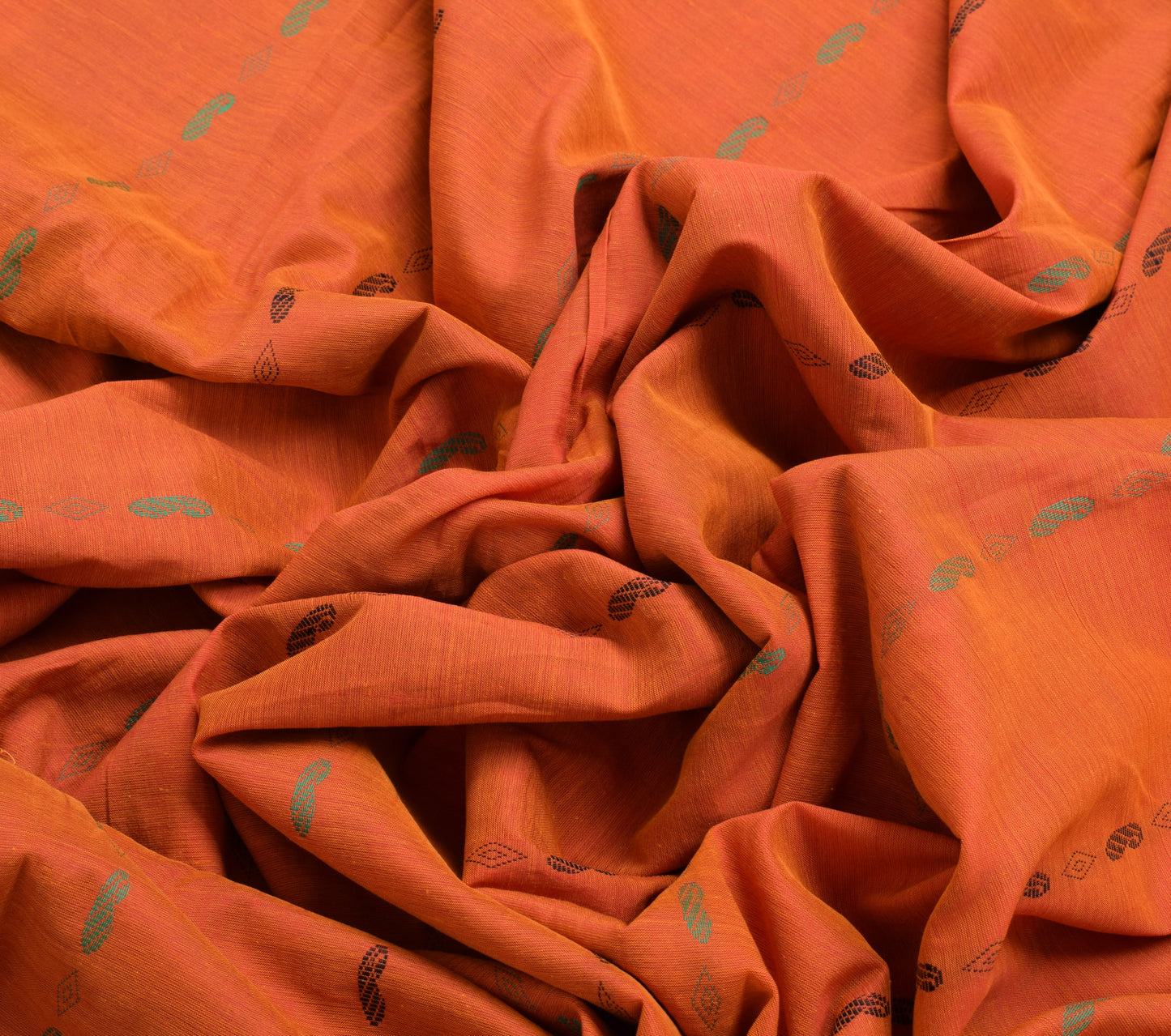 Sushila Vintage Orange Indian Saree Pure Cotton Woven Peacock Sari Craft Fabric