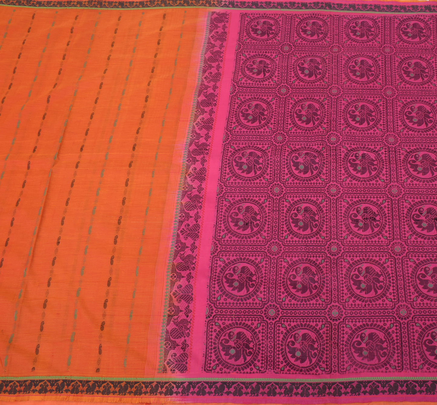 Sushila Vintage Orange Indian Saree Pure Cotton Woven Peacock Sari Craft Fabric