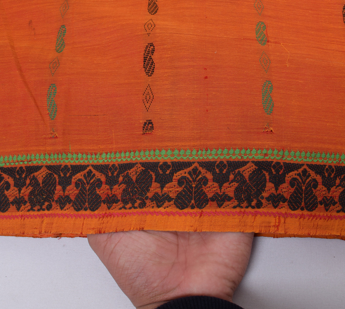 Sushila Vintage Orange Indian Saree Pure Cotton Woven Peacock Sari Craft Fabric