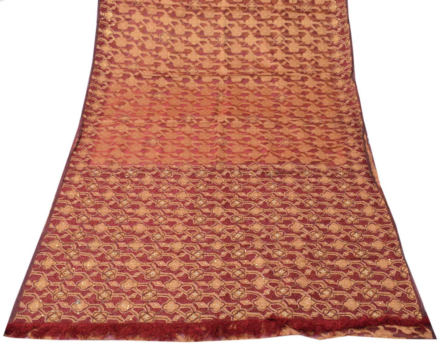 Sushila Vintage Maroon Saree Pure Organza Floral Woven Beads Embellish 5 YD Sari Fabric