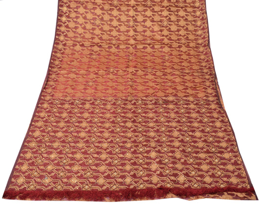 Sushila Vintage Maroon Saree Pure Organza Floral Woven Beads Embellish 5 YD Sari Fabric