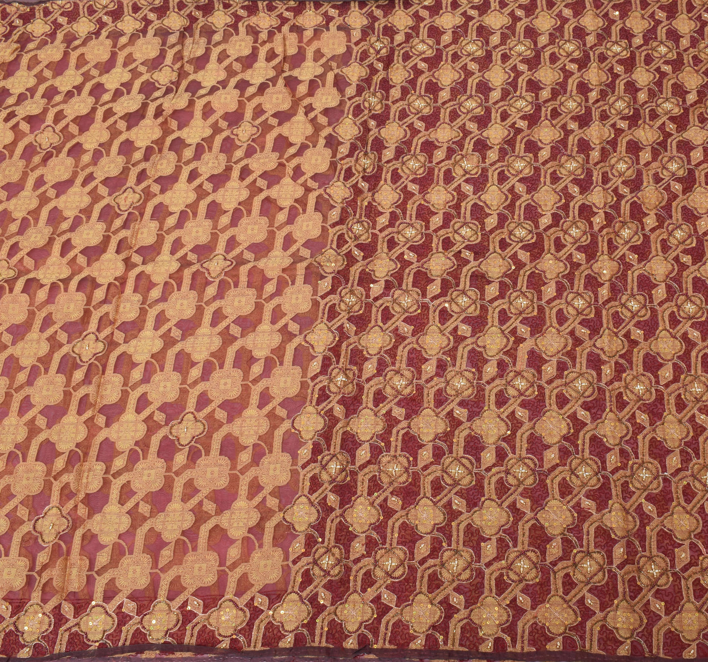Sushila Vintage Maroon Saree Pure Organza Floral Woven Beads Embellish 5 YD Sari Fabric