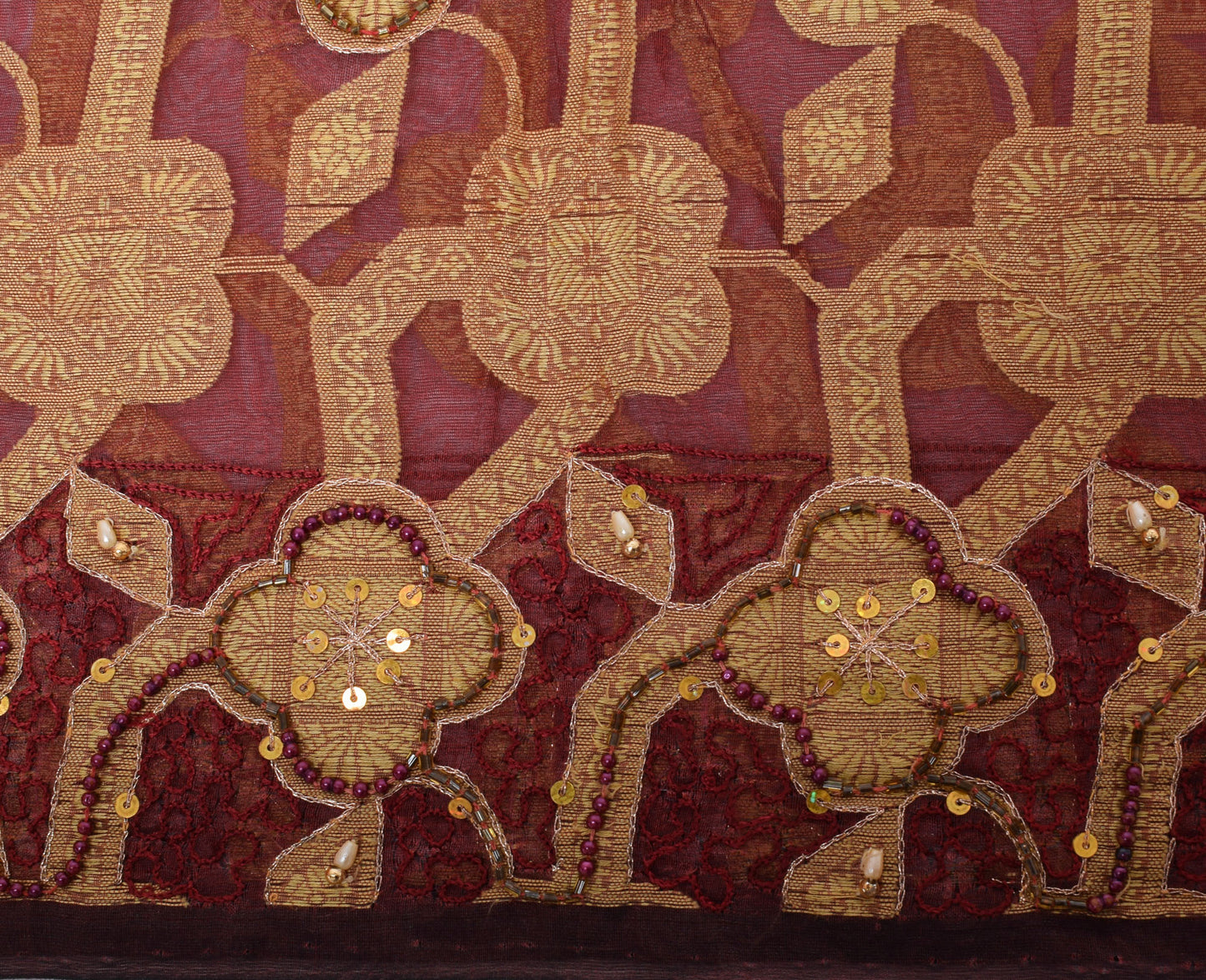 Sushila Vintage Maroon Saree Pure Organza Floral Woven Beads Embellish 5 YD Sari Fabric
