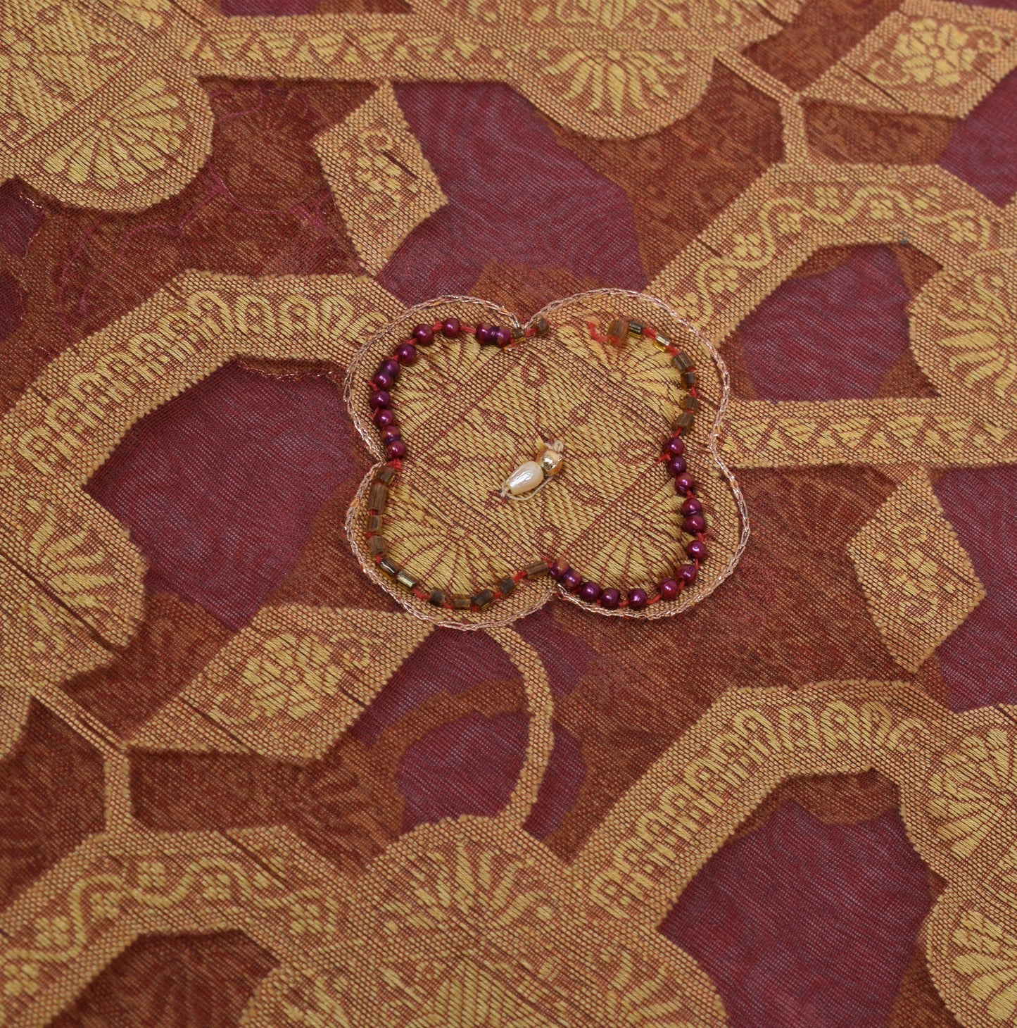 Sushila Vintage Maroon Saree Pure Organza Floral Woven Beads Embellish 5 YD Sari Fabric