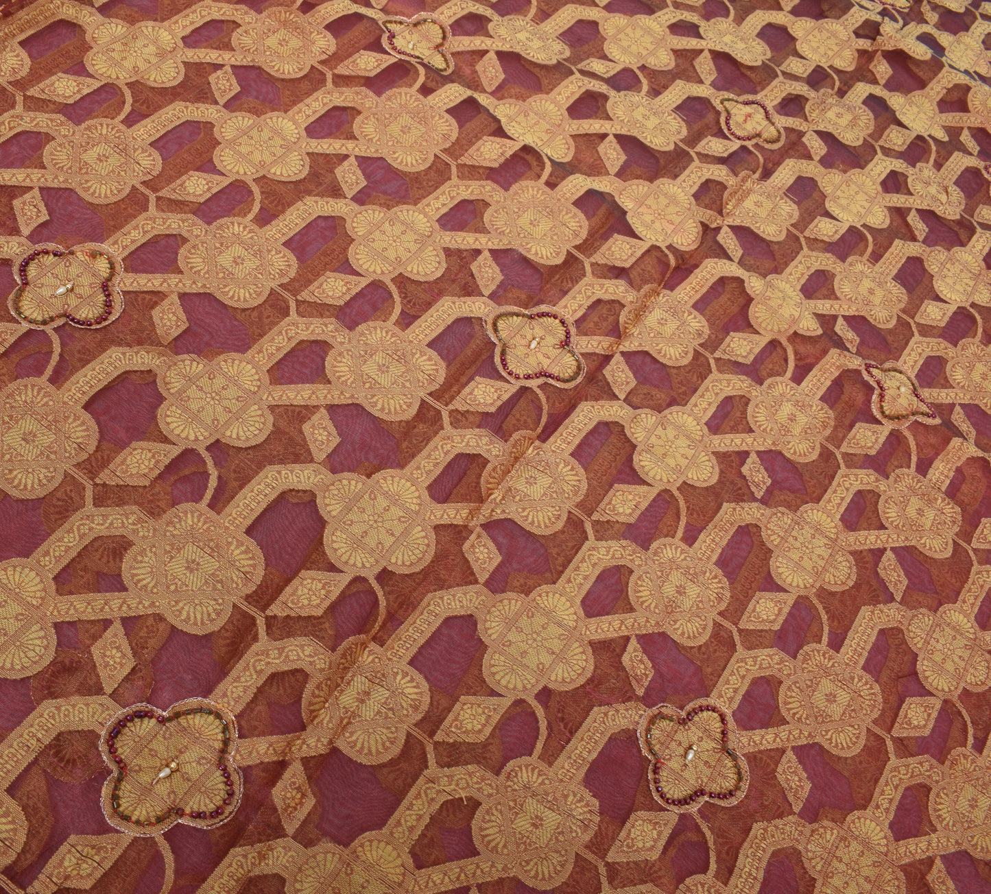 Sushila Vintage Maroon Saree Pure Organza Floral Woven Beads Embellish 5 YD Sari Fabric