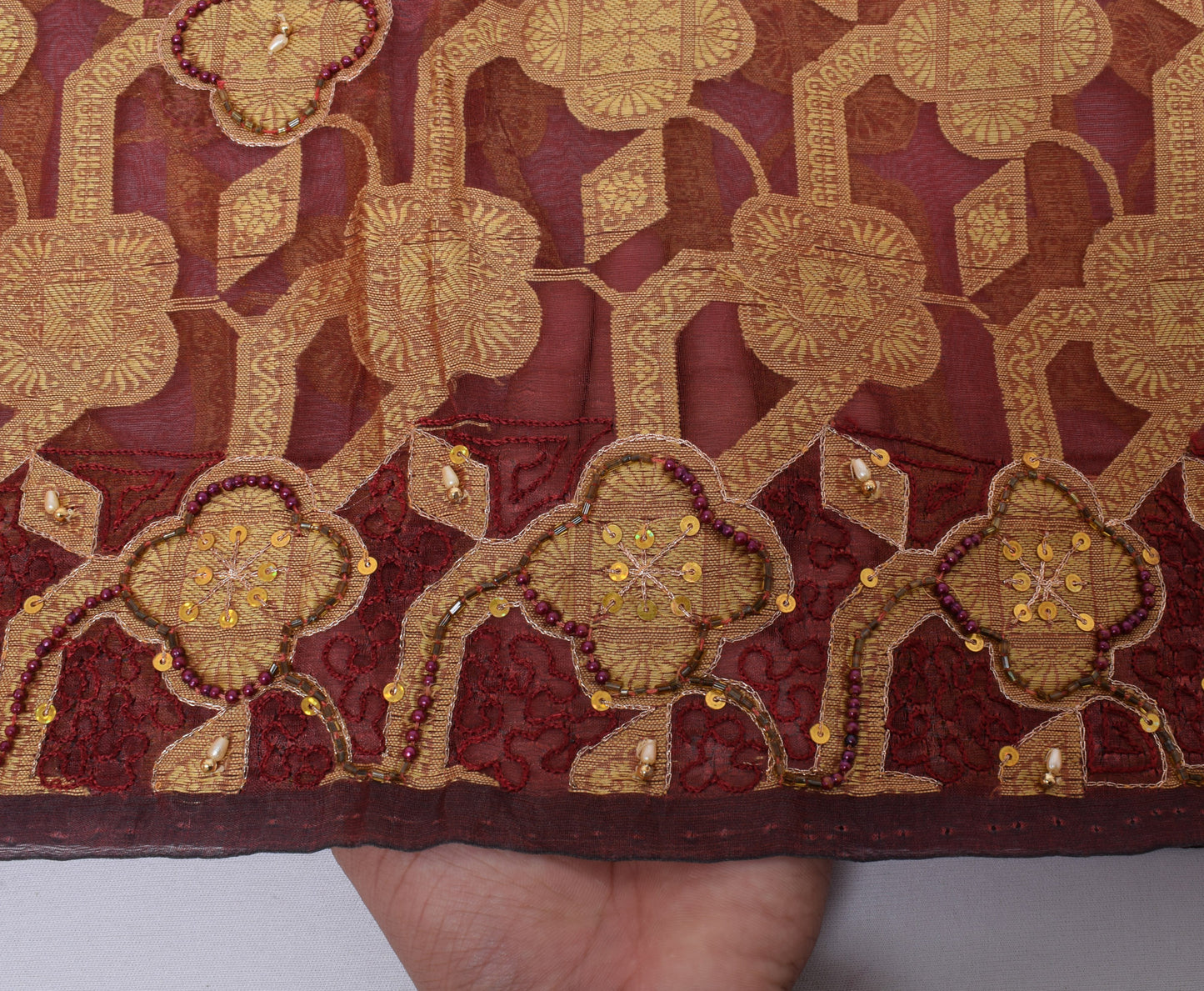 Sushila Vintage Maroon Saree Pure Organza Floral Woven Beads Embellish 5 YD Sari Fabric