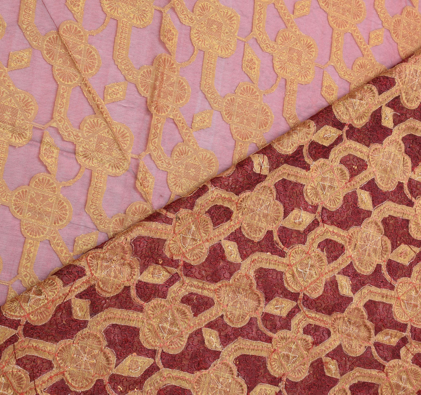 Sushila Vintage Maroon Saree Pure Organza Floral Woven Beads Embellish 5 YD Sari Fabric